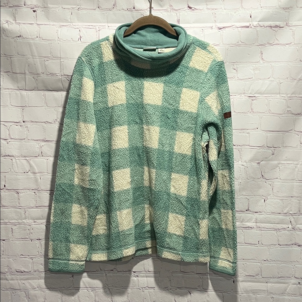 L.L. Bean Teal and Cream Fleece Plaid Pullover Sweatshirt Woman’s Size Medium